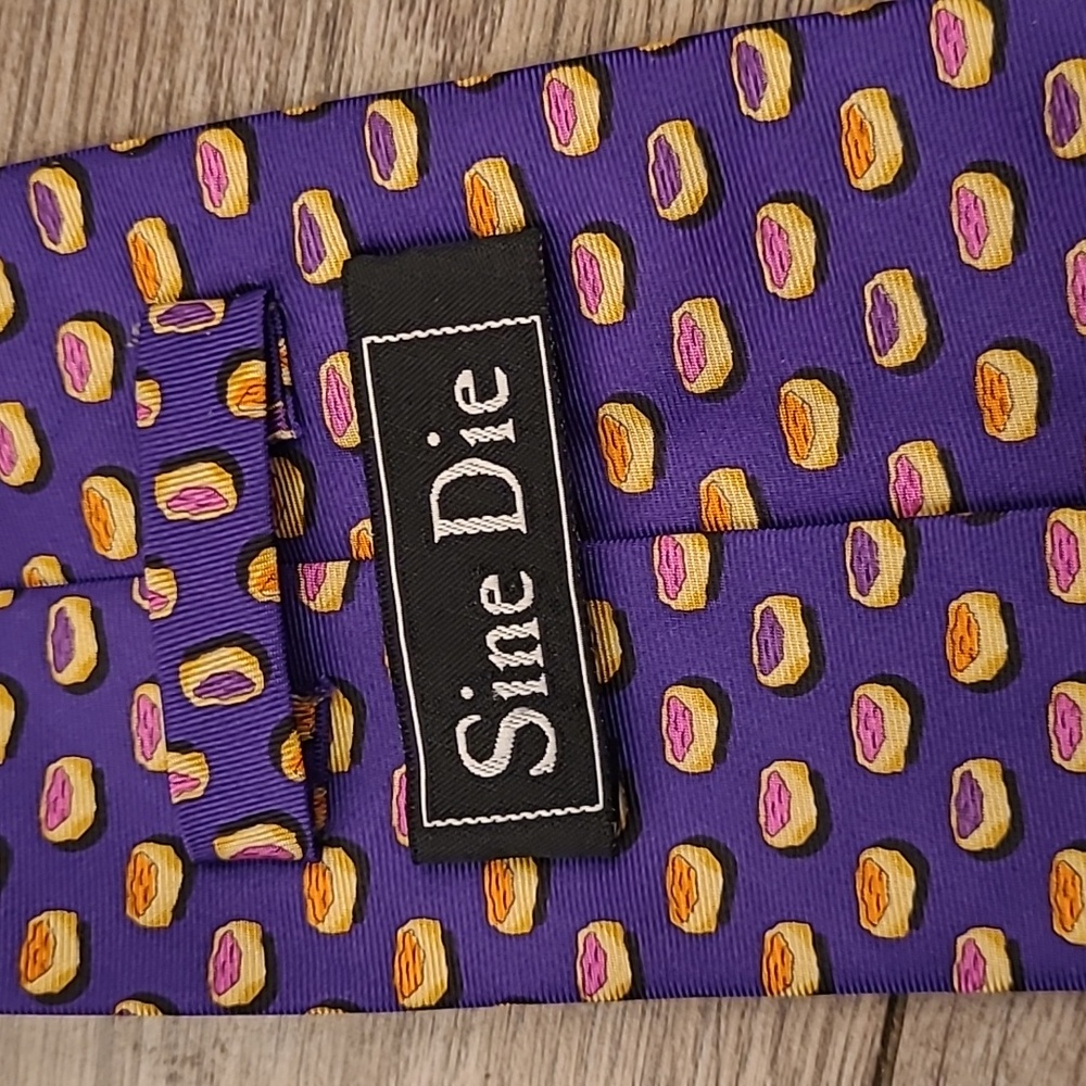 SINE DIE Purple Blue Whimsical Jelly Pastries Pattern Mens Silk Tie - Picture 5 of 6